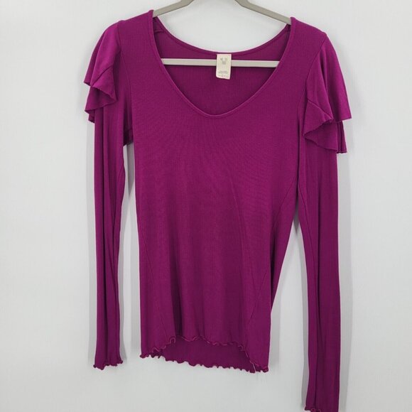 We The Free Sweater Womens Size Small Purple Ruffle Layered Shoulder V-Neck - Picture 1 of 10